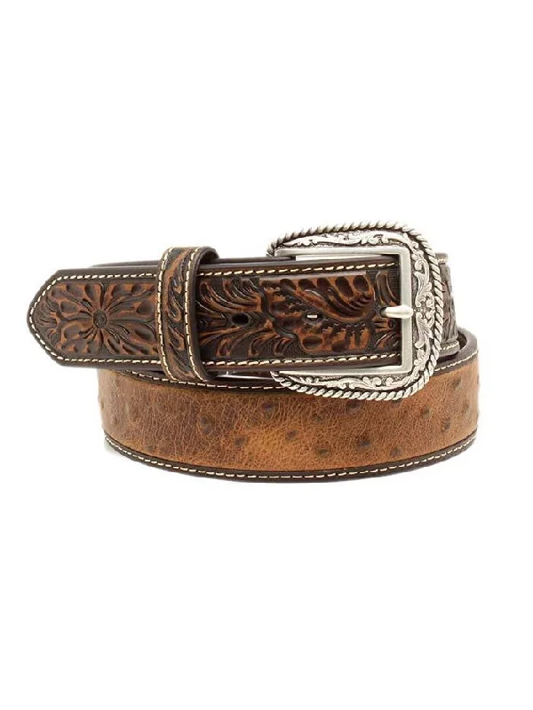 Men's Flexible Shoes MF Western Ariat Mens Ostrich Print Tooled Tab Belt Style A1017202