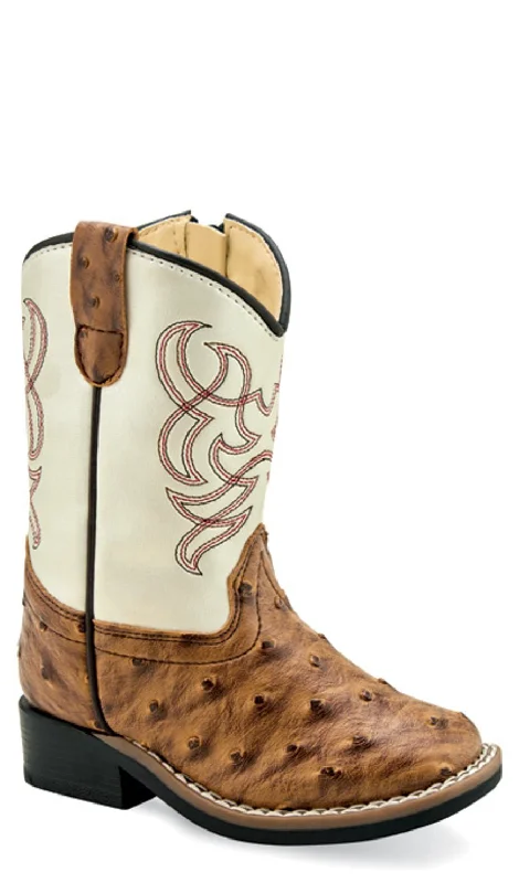 Old West Infant Boys Broad Square Toe Brown/White Faux Leather Cowboy Boots