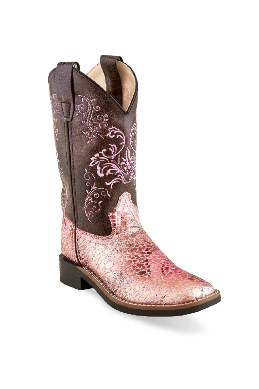 Old West Pink/Brown Children Girls Faux Leather Crackle Cowboy Boots